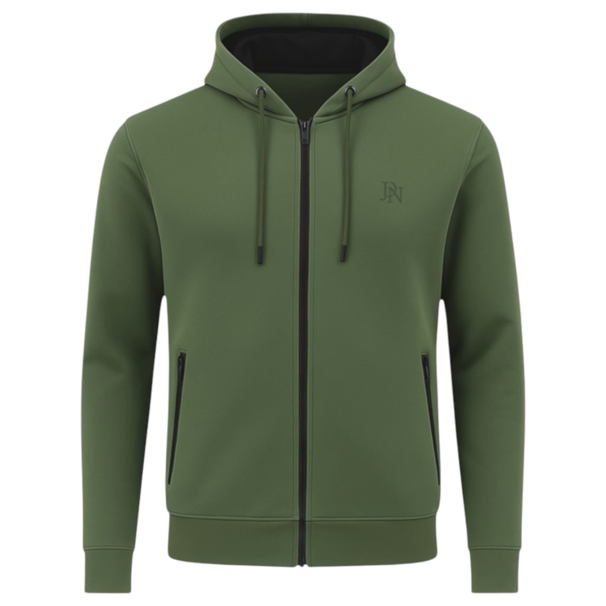 Men's JDN full zip hoodie in forest green blue with drawstring hood and side zip pockets